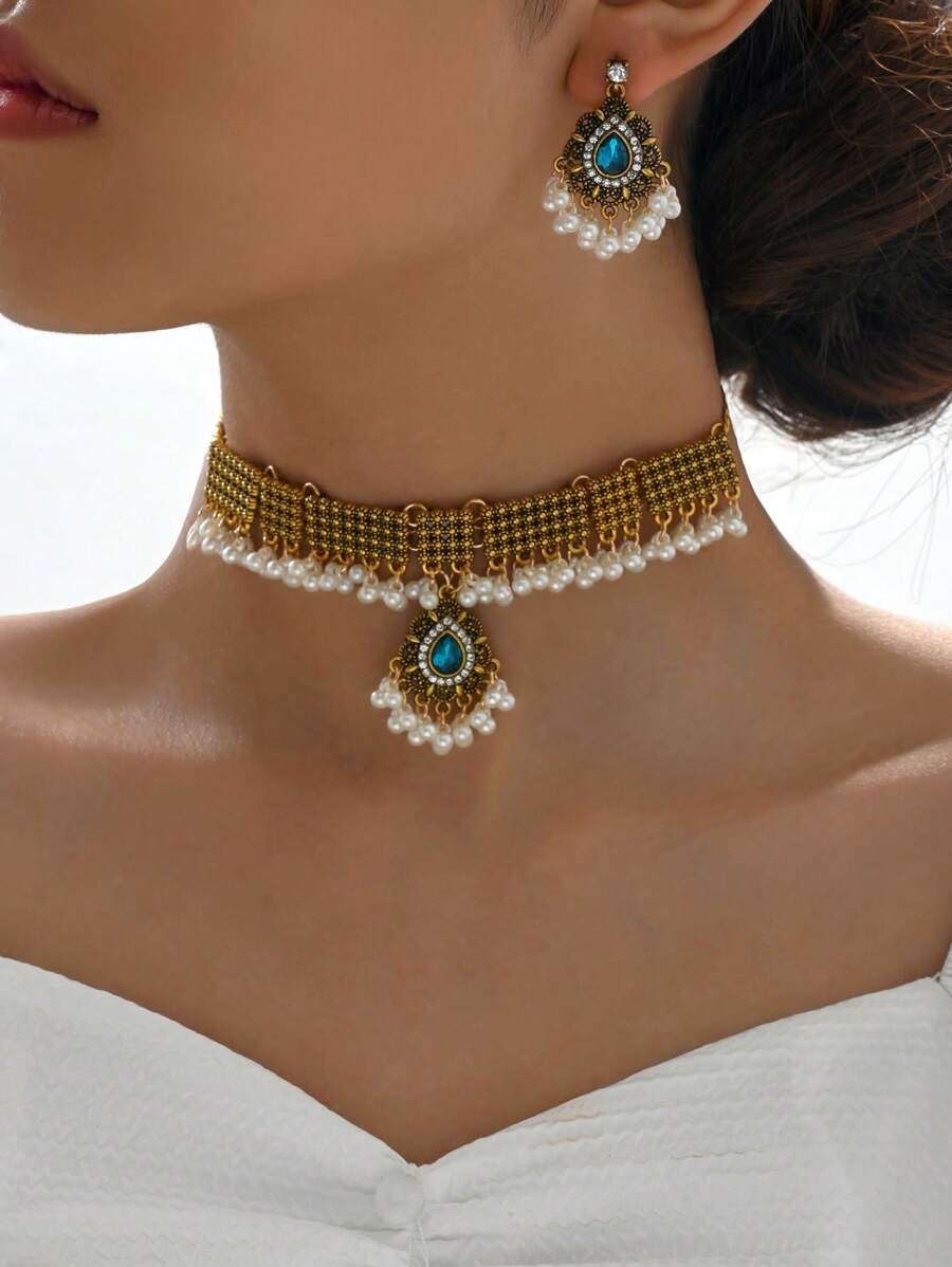 1入時尚鋅合金假珍珠吊墜項鍊和1對女性垂墜耳環,為日常裝扮增添風采 - 銅色 - 查看 1