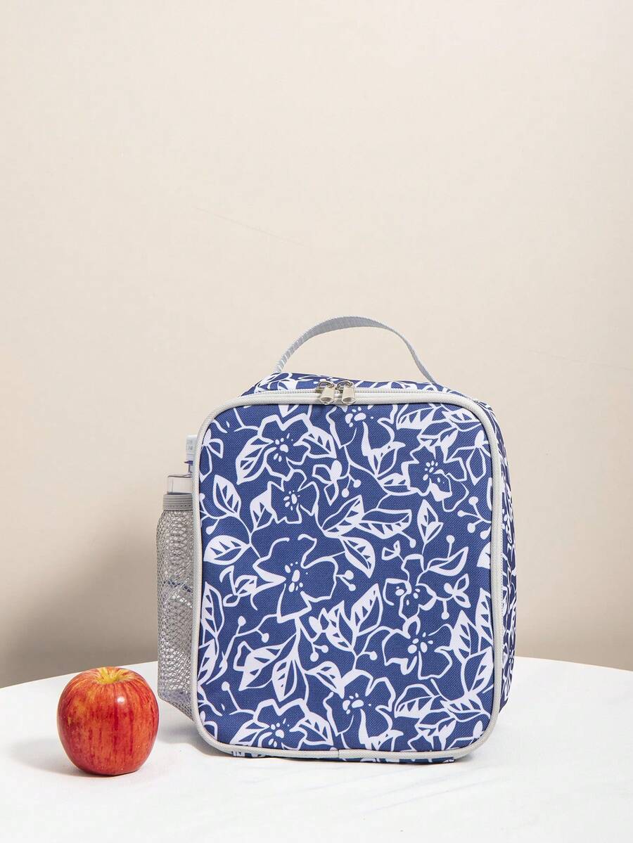 花朵圖案便當袋絕緣便攜適用於學校和工作午餐托特包保溫飯盒袋適用於學校工作適用於野餐旅行戶外適合女士男士 - 寶藍色 - 查看 1