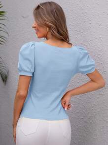 SHEIN Privé Áo thun nữ Gân đan màu trơn Giải trí - Màu xanh nhạt - Xem 2