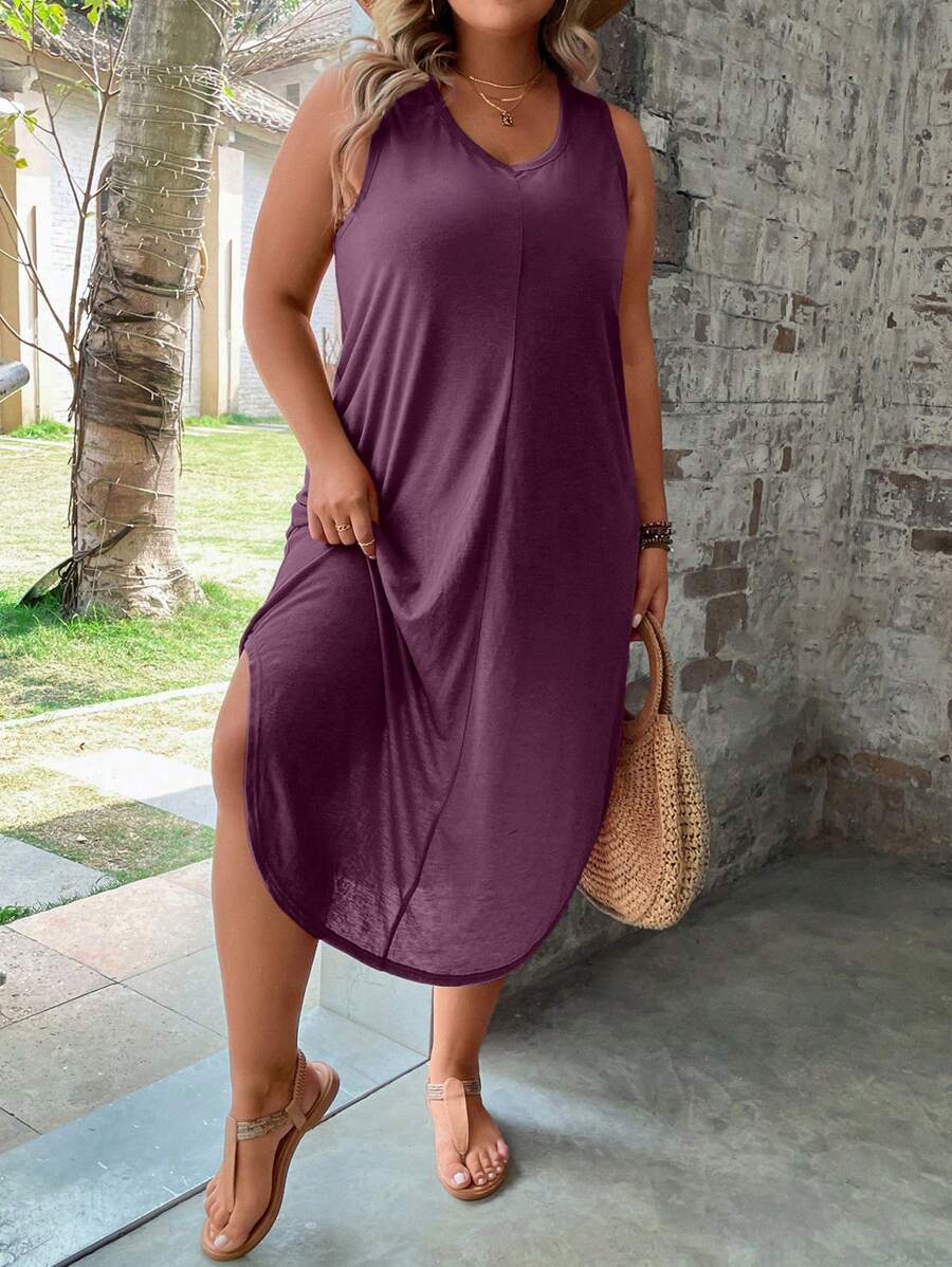 SHEIN LUNE Plus Solid Curved Hem Tank Dress - Purple - View 1