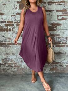 SHEIN LUNE Plus Solid Curved Hem Tank Dress - Purple - View 6