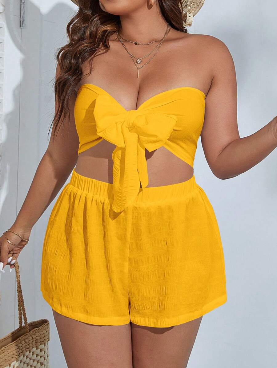 Dreamara 大碼前繫帶抹胸上衣和短褲 - 黃色 - 查看 1