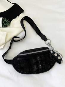 Black Fanny Pack Studded Decor Dây đeo có thể điều chỉnh - màu đen - Xem 1