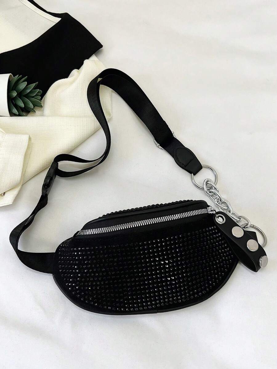 Black Fanny Pack Studded Decor Dây đeo có thể điều chỉnh - màu đen - Xem 1