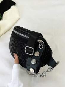 Black Fanny Pack Studded Decor Dây đeo có thể điều chỉnh - màu đen - Xem 2
