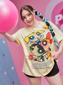 The Powerpuff Girls | ROMWE Camiseta de hombros caídos con estampado de dibujos animados - Albaricoque - Ver 2