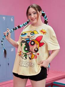 The Powerpuff Girls | ROMWE Camiseta de hombros caídos con estampado de dibujos animados - Albaricoque - Ver 3