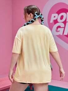 The Powerpuff Girls | ROMWE Camiseta de hombros caídos con estampado de dibujos animados - Albaricoque - Ver 5