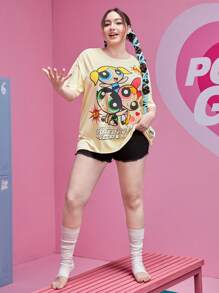 The Powerpuff Girls | ROMWE Camiseta de hombros caídos con estampado de dibujos animados - Albaricoque - Ver 6