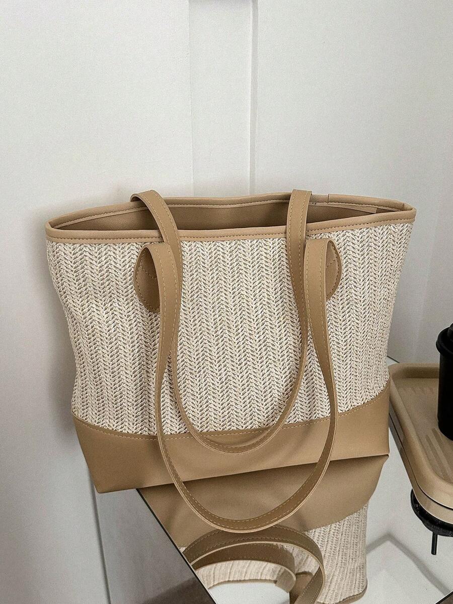 Small Straw Bag Colour Block Zipper Double Handle - Khaki - View 1