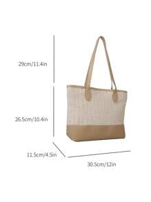 Small Straw Bag Colour Block Zipper Double Handle - Khaki - View 4