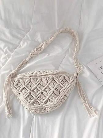 Bolso de ganchillo con abertura cremallera con diseño trenzado unicolor