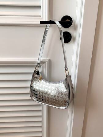 迷你流浪包千鳥格壓花金屬質感PU皮革前衛