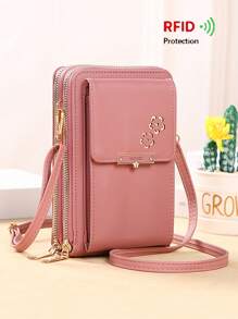 Ví nhỏ đeo chéo nữ, Túi đeo vai trang trí kim loại nhiều khóa kéo cho điện thoại, Túi xách tay - Hồng - Xem 1