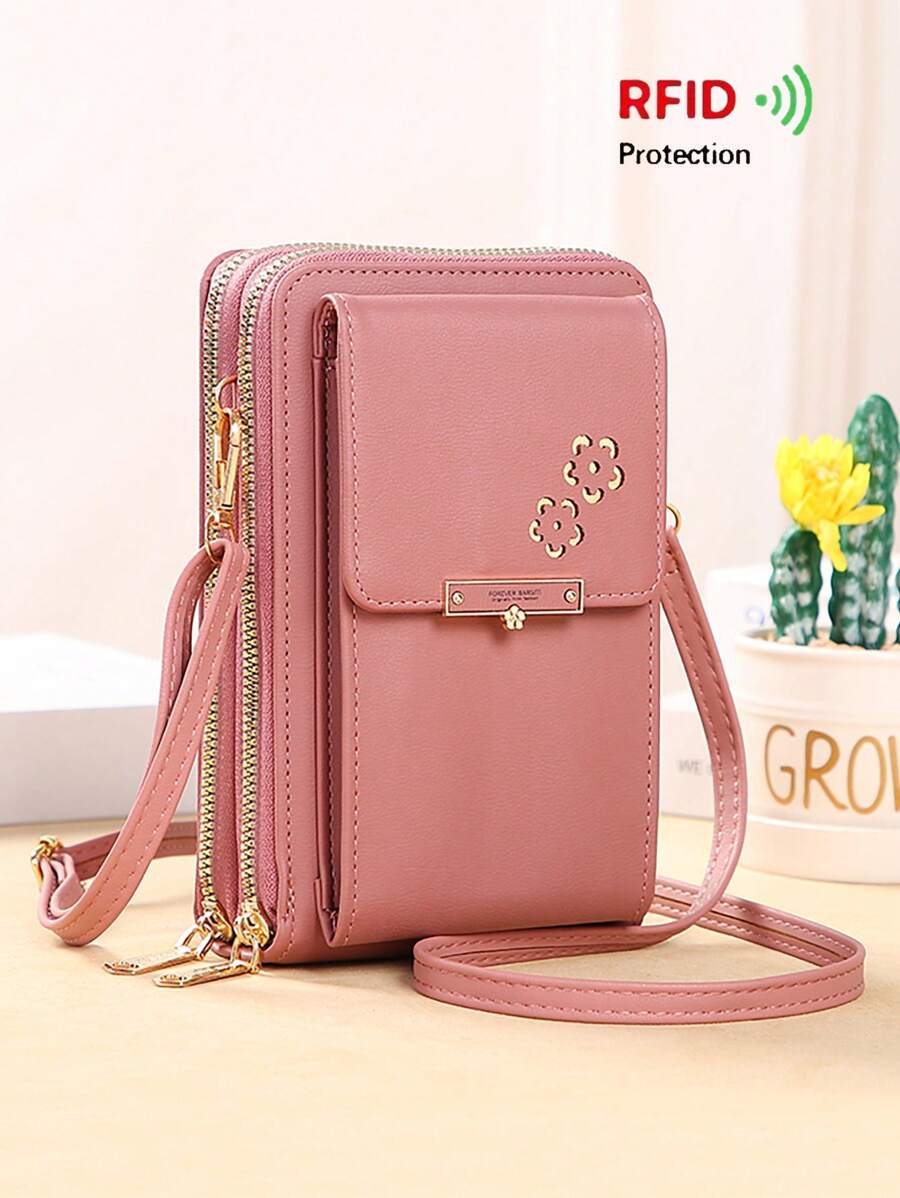 Ví nhỏ đeo chéo nữ, Túi đeo vai trang trí kim loại nhiều khóa kéo cho điện thoại, Túi xách tay - Hồng - Xem 1