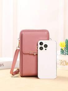 Ví nhỏ đeo chéo nữ, Túi đeo vai trang trí kim loại nhiều khóa kéo cho điện thoại, Túi xách tay - Hồng - Xem 3