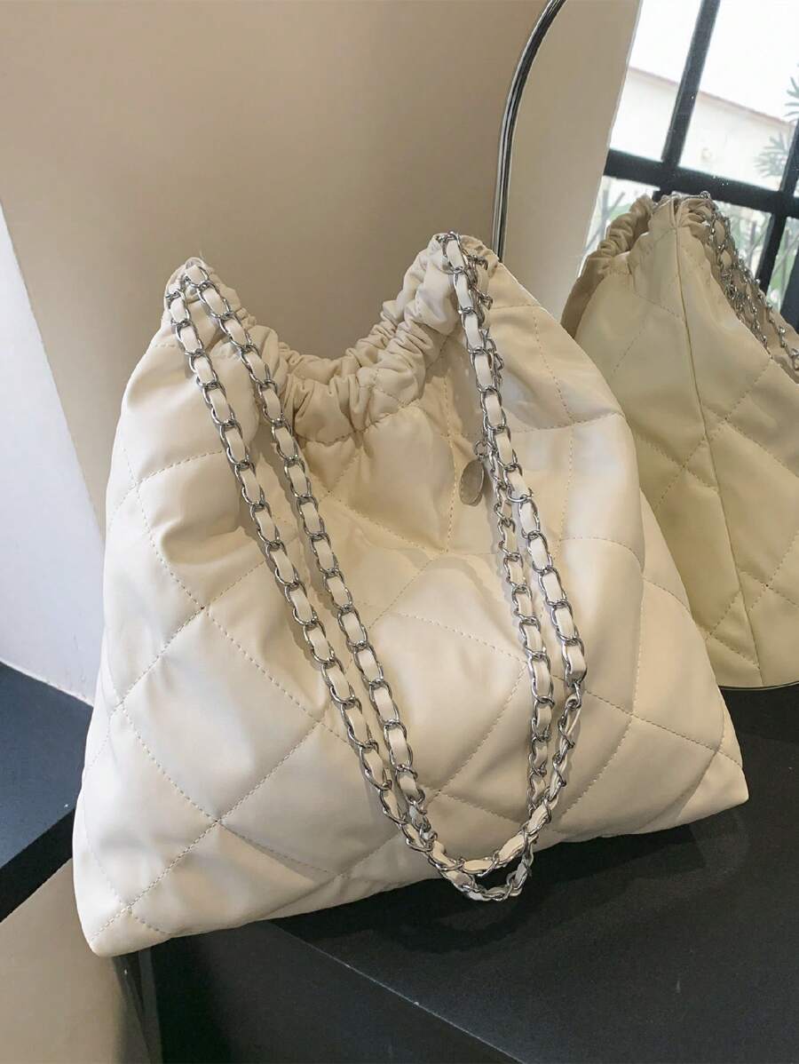 絎縫水桶包鏈條帶PU皮革白色 - 白色 - 查看 1