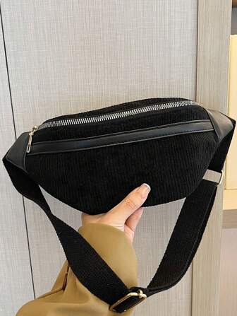 滌綸腰包拉鍊可調整肩帶黑色極簡