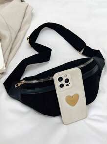 滌綸腰包拉鍊可調整肩帶黑色極簡 - 黑色 - 查看 6