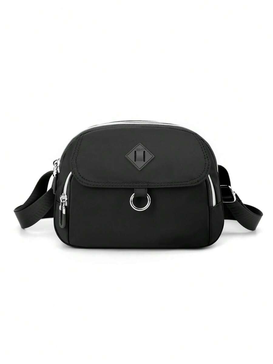 貼片裝飾方形包帶拉鍊尼龍書包適合畢業生、青少年女孩、新生、大二、初中和高中學生、大學和高中，非常適合戶外、旅行和返校 - 黑色 - 查看 1