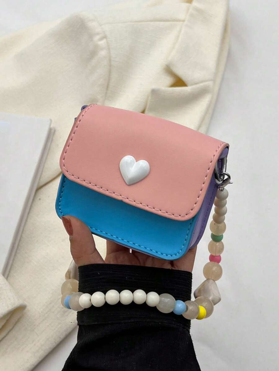 迷你方包愛心裝飾串珠翻蓋PU皮革