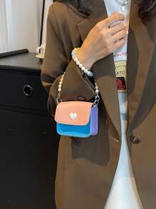 迷你方包愛心裝飾串珠翻蓋PU皮革