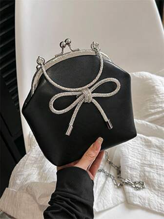 Mini Novelty Bag Rhinestone & Bow Decor Kiss Lock Chain PU Valentines