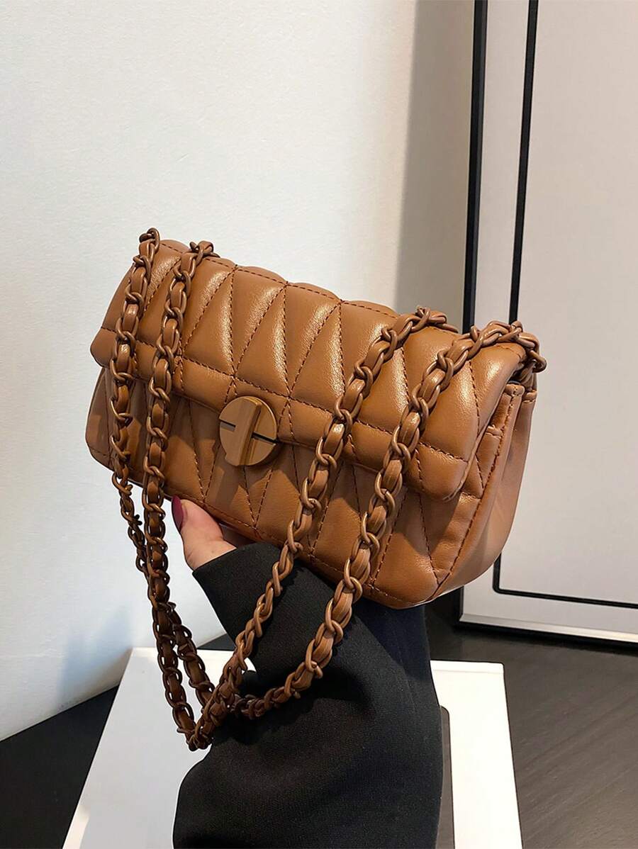 迷你方包衍縫細節翻蓋鏈條棕色PU皮革 - 咖啡棕 - 查看 1