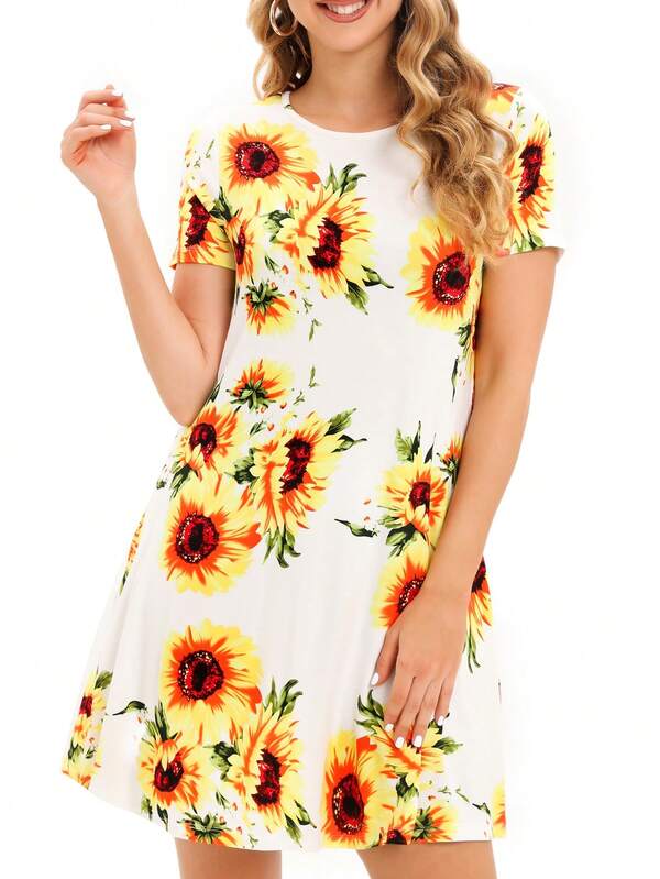 Abito a maglietta con stampa girasole con tasca nascosta