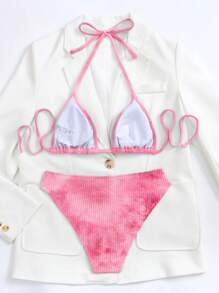 Swim Vcay Summer Beach Tie Dye Halter Triangle Bikini Set - Baby Pink - View 5