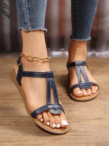 女士极简踝带凉鞋，时尚夏季平底凉鞋，沙滩装扮 - 藏蓝色 - 查看 3
