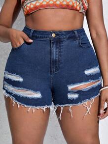 SHEIN SXY Plus Ripped Raw Hem Denim Shorts - Dark Wash - View 2