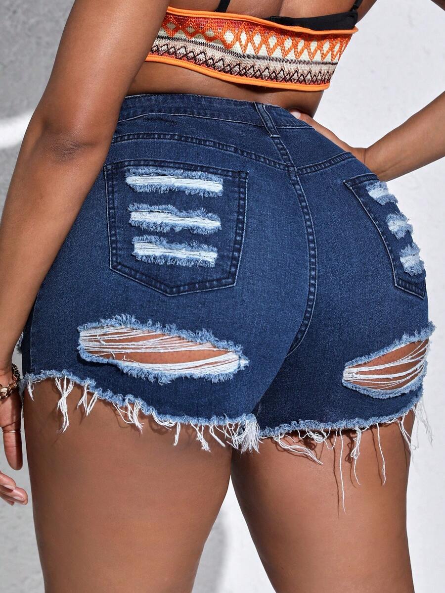 SHEIN SXY Plus Ripped Raw Hem Denim Shorts - Dark Wash - View 1