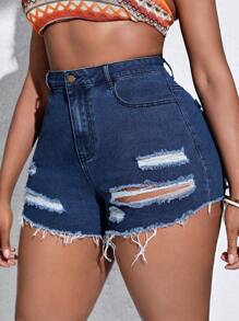 SHEIN SXY Plus Ripped Raw Hem Denim Shorts - Dark Wash - View 3