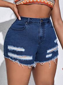 SHEIN SXY Plus Ripped Raw Hem Denim Shorts - Dark Wash - View 4