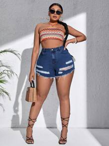 SHEIN SXY Plus Ripped Raw Hem Denim Shorts - Dark Wash - View 6