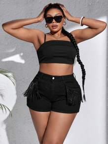 SHEIN SXY Quần short denim oversized mép Túi màu trơn - màu đen - Xem 3