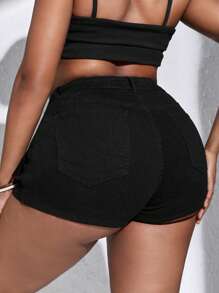 SHEIN SXY Quần short denim oversized mép Túi màu trơn - màu đen - Xem 2