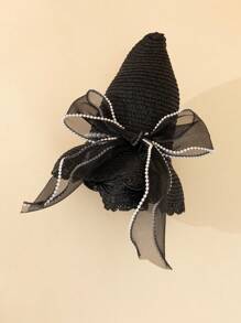 1入組女孩蝴蝶結和人造珍珠裝飾波西米亞草編帽適用於度假 - 黑色 - 查看 3