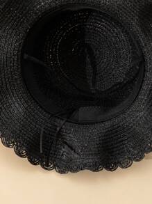 1入組女孩蝴蝶結和人造珍珠裝飾波西米亞草編帽適用於度假 - 黑色 - 查看 6