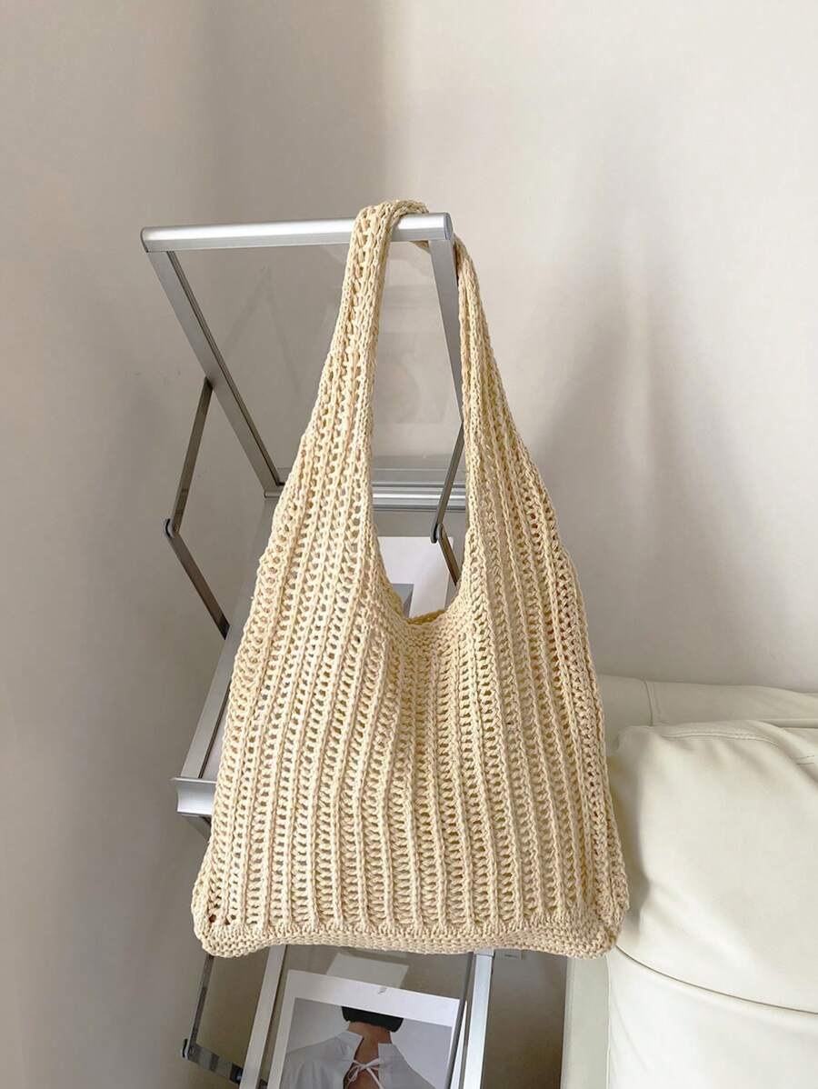 Hollow Out Crochet Bag No-closure Double Handle Polyester Vacation - Apricot - View 1