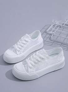 Women Lace-up Front Lace Panel Low-top Skate Shoes, Sporty Outdoor Sneakers - White - View 2