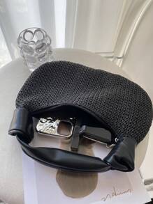 中号拉链单肩包，黑色，编织细节，顶部提手，圣诞节/冬季圣诞礼物 - 黑色 - 查看 10