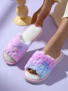 女士撞色星形裝飾毛茸茸時尚室內家居拖鞋