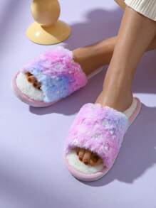 女士撞色星形裝飾毛茸茸時尚室內家居拖鞋