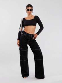 SHE(IN) BRASIL Solid Backless Crop Top - Black - View 3