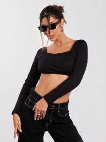 SHE(IN) BRASIL Solid Backless Crop Top - Black - View 5