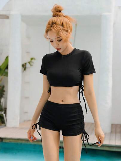 Bonvoyette ชุดว่ายน้ำ บรา แทงกินี่ ผ้าถักริบ เชือกผูกด้านข้าง ไร้โครง และ กางเกงขาสั้น บ็อกเซอร์