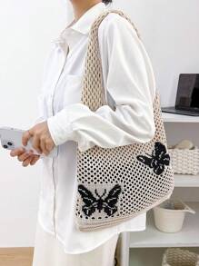 Bolso de ganchillo con estampado de mariposa con diseño de abertura - Albaricoque - Ver 7