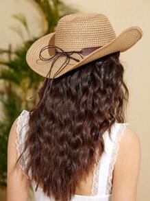 SHEIN VCAY 1pc Wanita Tape & Studded Dekorasi Topi Koboi Jerami Untuk Kehidupan Sehari-hari - Coklat - View 3